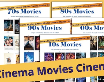 Può includere: Un gioco stampabile con poster di film degli anni '70, '80, '90, 2000 e 2010. Il gioco chiede ai giocatori di nominare i 12 migliori film di ogni decennio.