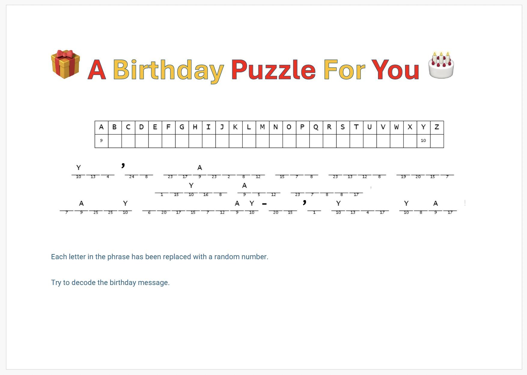 Printable Birthday Cryptogram Puzzle – UK English, Last Minute (PDF) - Etsy