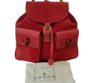 Red Suede Gucci Backpack Vintage Bamboo
