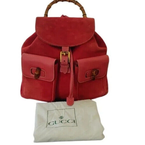 Red Suede Gucci Backpack Vintage Bamboo