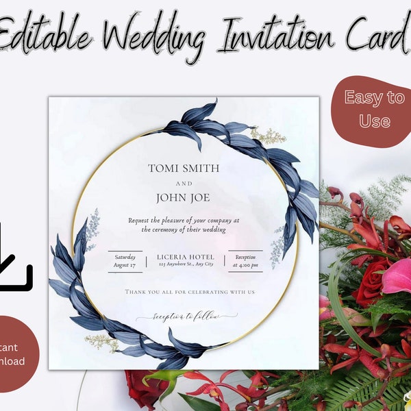 Gold Blue Luxury Wedding Invitation (Square), Navy Blue Invitation, Gold Print Wedding Invitation, Luxury Invitation Card, editable, canva