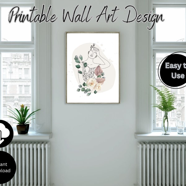 Beige Elegant Wall Art Design Canvas Print, Wall Art Prints, Women Face Line Art, DIGITAL DOWNLOAD, Floral wall Art Print,wall art printable