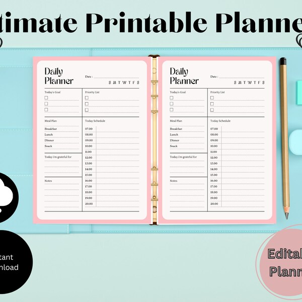 Simple pale pink Beige Daily Schedule Planner, Printable Daily Planner, Daily Schedule, template, Planner Download, To Do List PDF, Editable