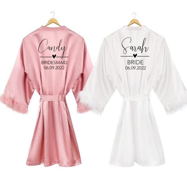 Personalized Feathered Bride Robes custom name feather satin bathrobe Bridesmaid Bridal Bride Gift kimono Dressing Gown