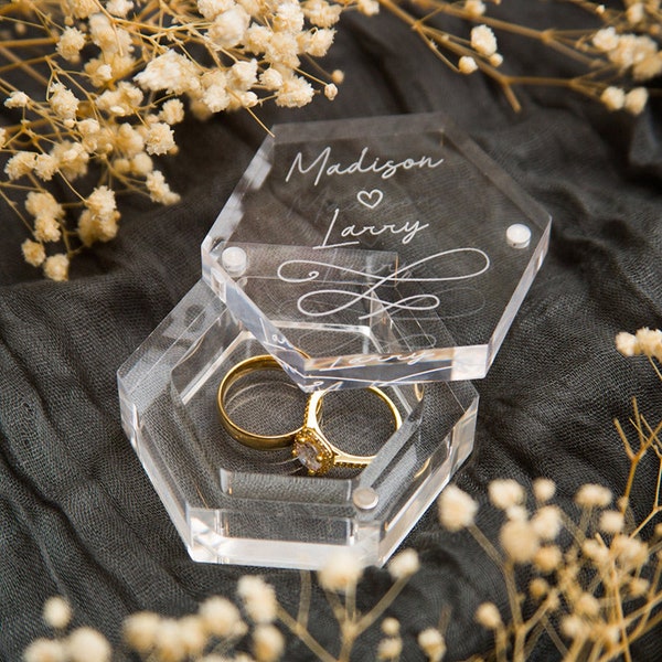 Personalized Engraved Acrylic Ring Box | Clear Hexagonal Custom Engagement Wedding Double Ring Holder gift |  Bride Groom Jewelry Storage