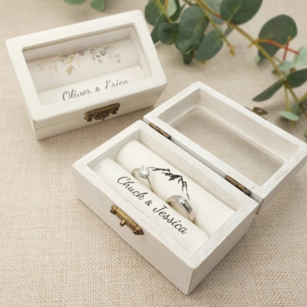 Caja de anillo de madera grabada personalizada / Regalo de soporte de anillo doble de boda de compromiso personalizado / Almacenamiento de joyería del novio de la novia