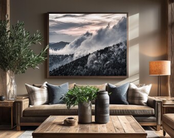 Smoky Mountains Sunset Photo Print: Foggy Landscape Wall Art, Lodge Decor (Framed/Unframed)
