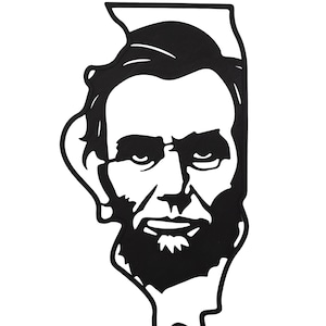 Op de afbeelding: Zwart-witte silhouet van Abraham Lincolns gezicht, gevormd als de staat Illinois.
