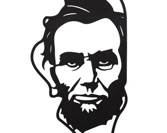 Puede incluir: Silueta en blanco y negro de la cara de Abraham Lincoln, con forma del estado de Illinois.