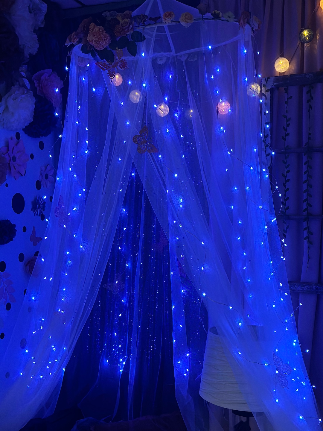 Flower Canopy With Fairy Lights remote Included and Butterfly Accents