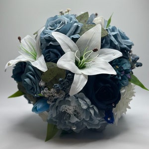 Blue & White Flower Bouquet: Roses, Tulips, Pearls