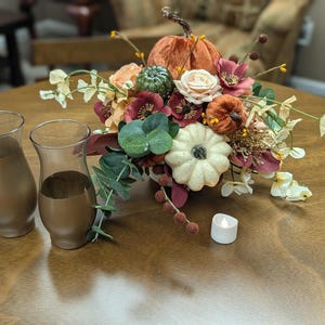 Fall Flower Centerpiece: Velvet Pumpkins, Thanksgiving Table Decor