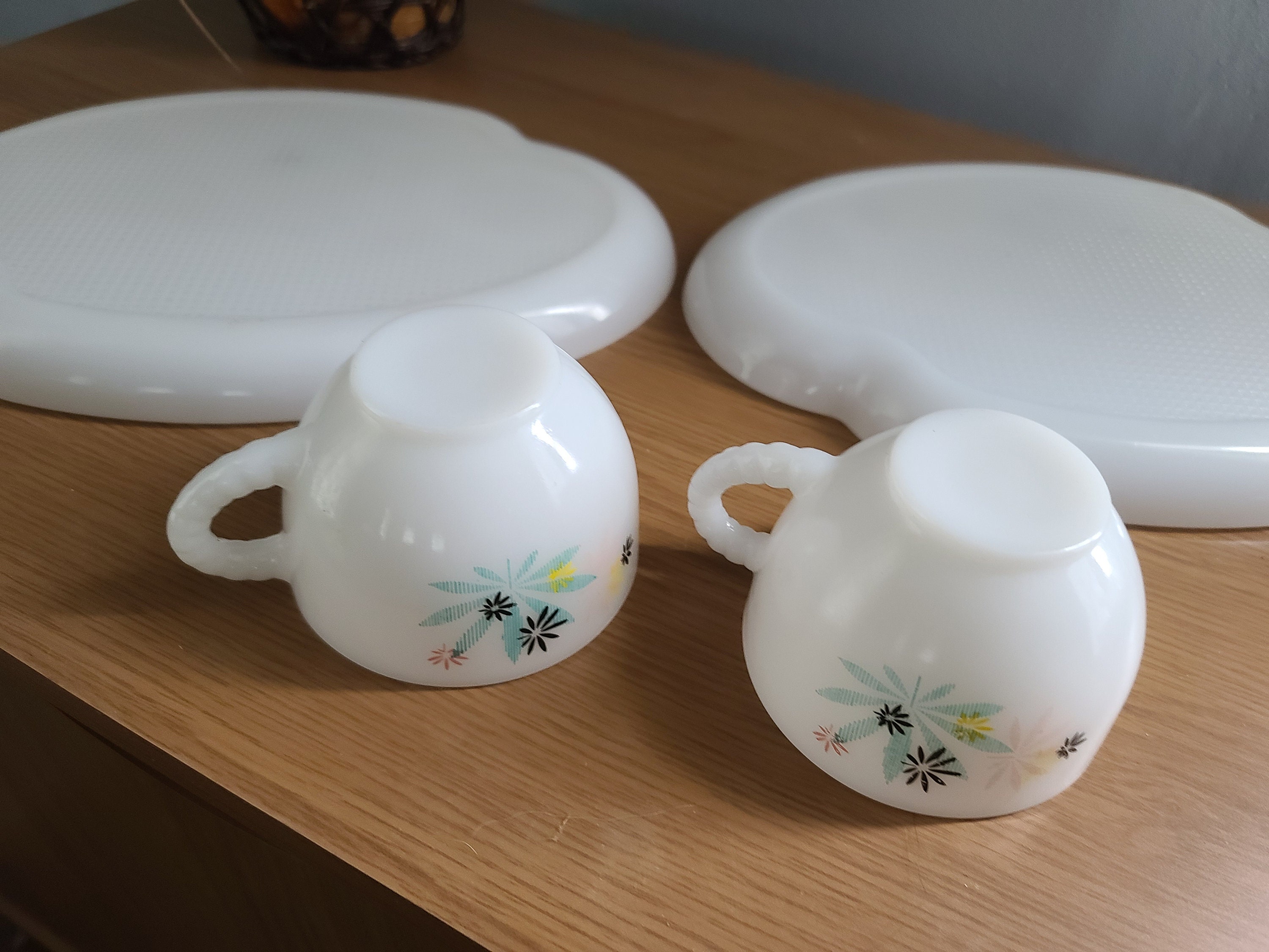 Vintage Federal Milk Glass Snack Sets Atomic Flower Etsy
