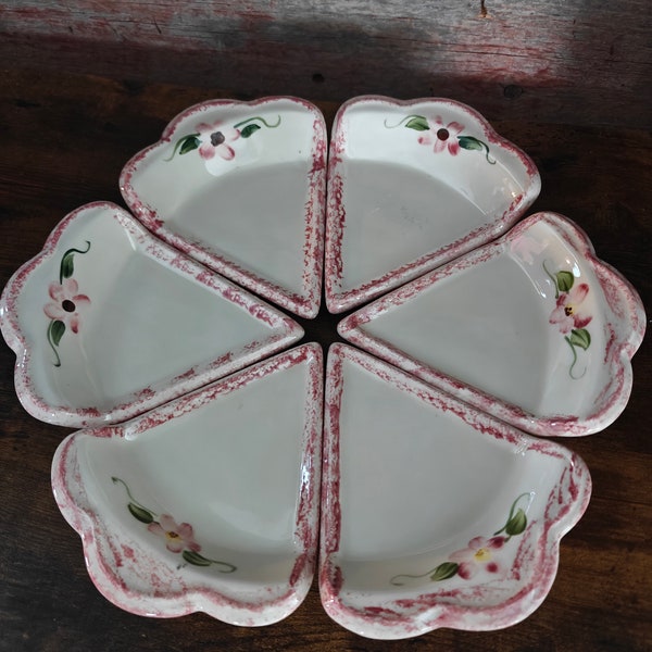 Set of 6 Vintage Hand Painted Ceramic Pie Slice Serving Dishes - Charming Kitchen Decor