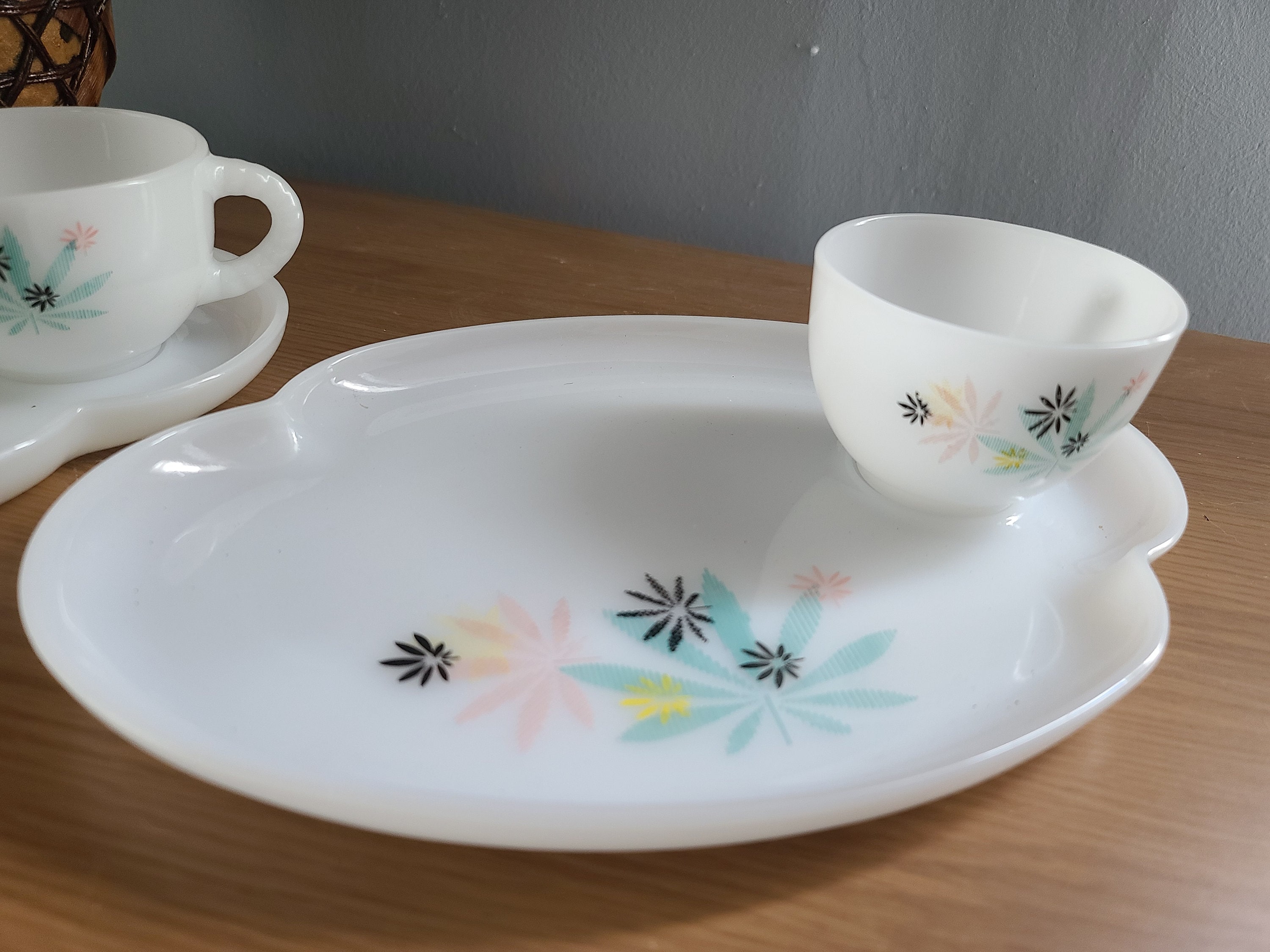 Vintage Federal Milk Glass Snack Sets Atomic Flower Etsy