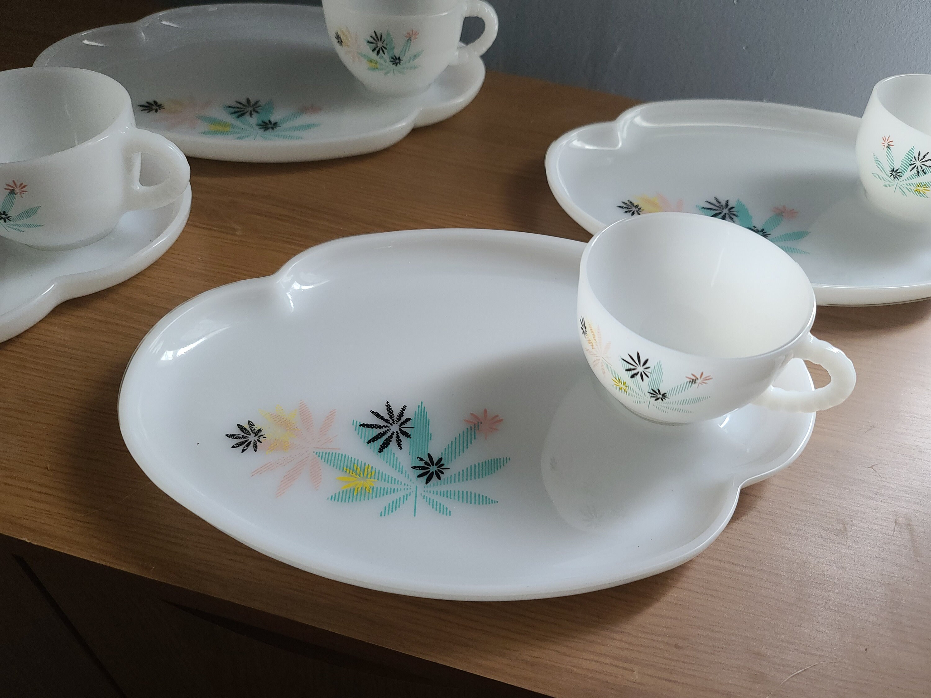 Vintage Federal Milk Glass Snack Sets Atomic Flower Etsy