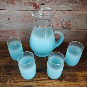 1950s Vintage Blendo Turquoise Pitcher and Glasses Set - Mid-Century Glassware