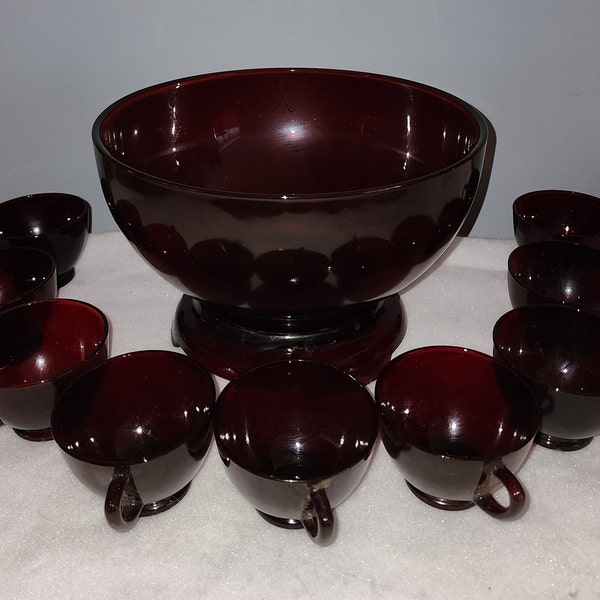 Vintage Anchor Hocking Ruby Red Punch Bowl and Stand with 8 Matching Cups