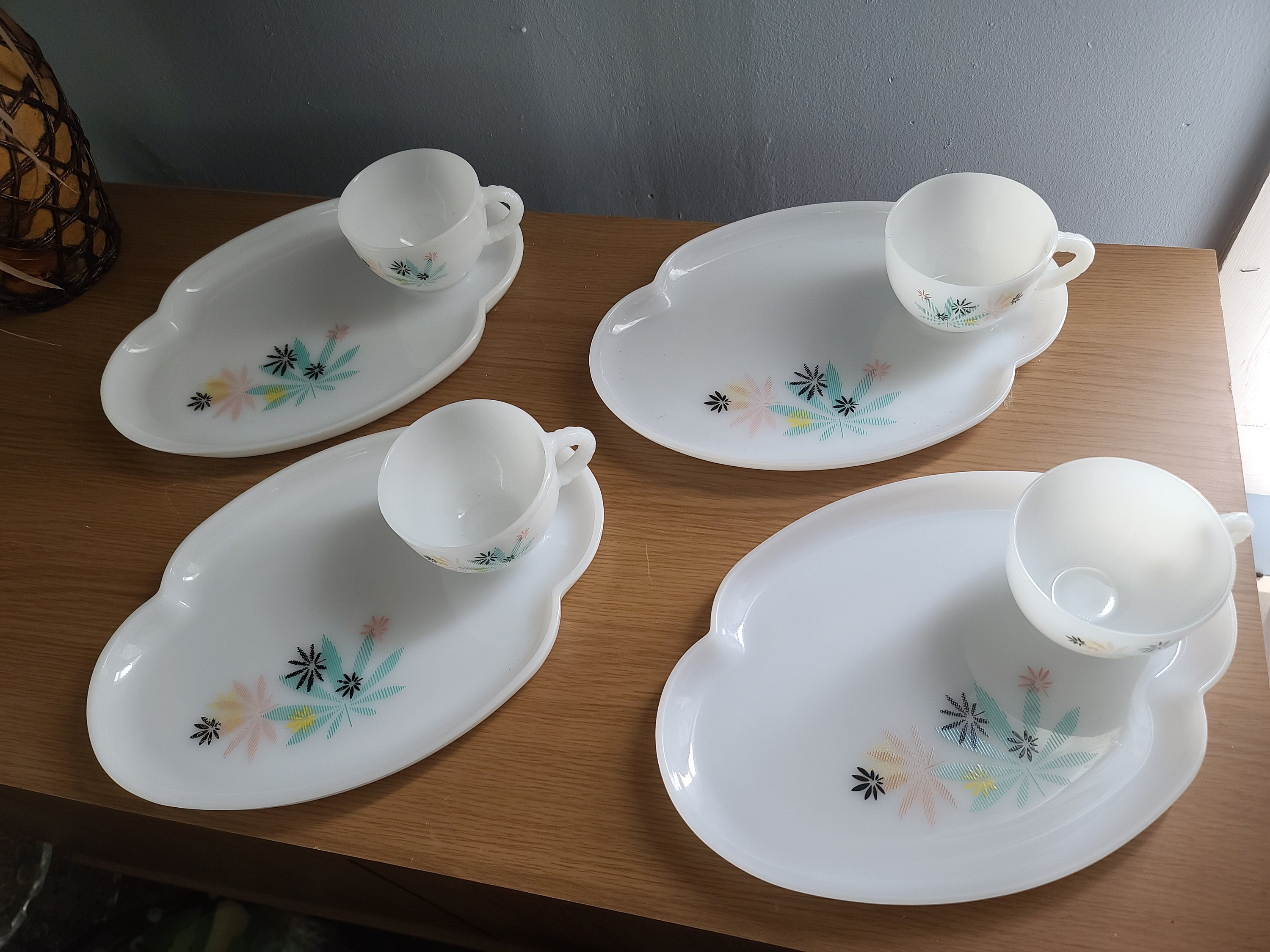 Vintage Federal Milk Glass Snack Sets Atomic Flower Etsy