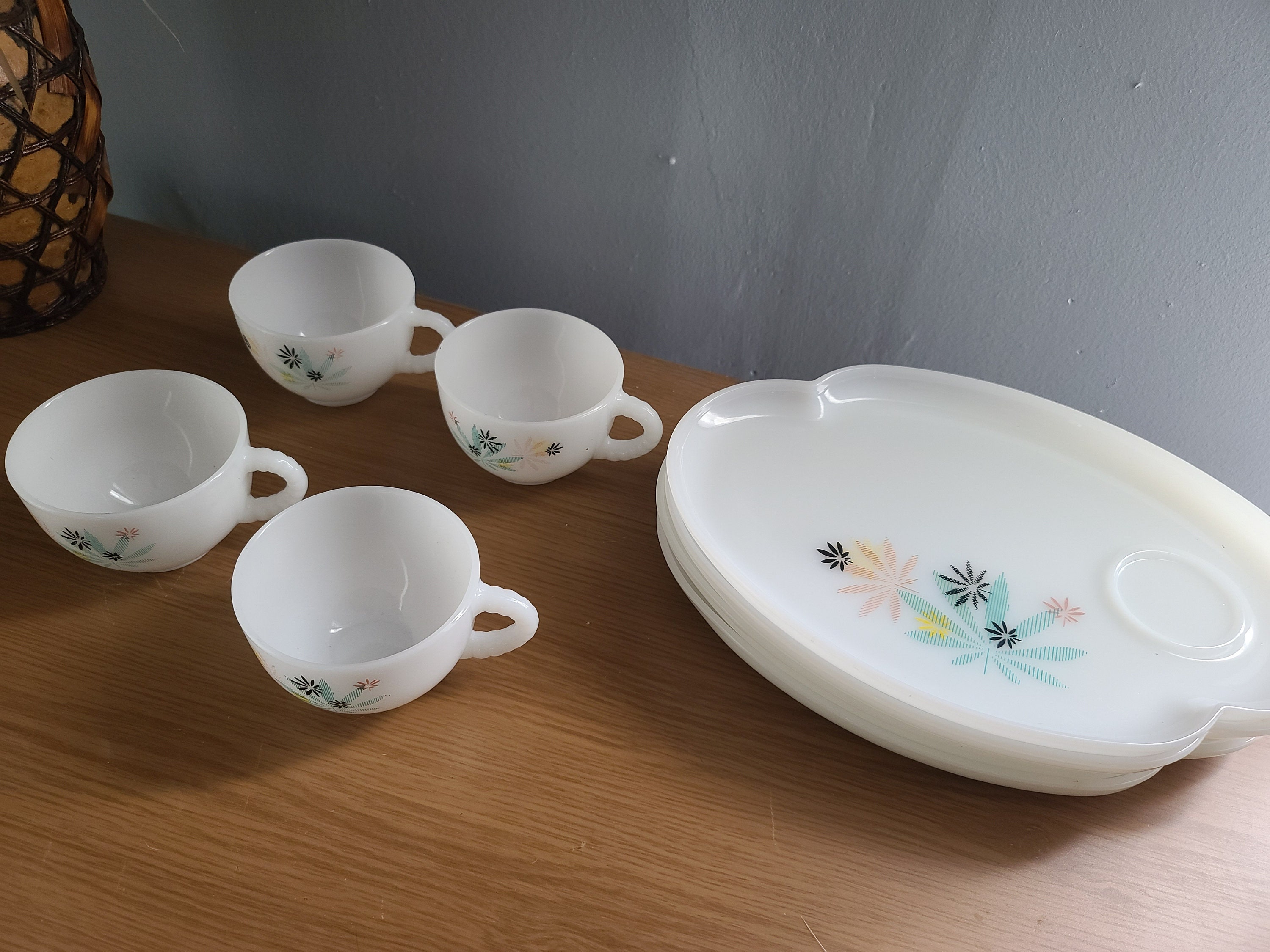 Vintage Federal Milk Glass Snack Sets Atomic Flower Etsy