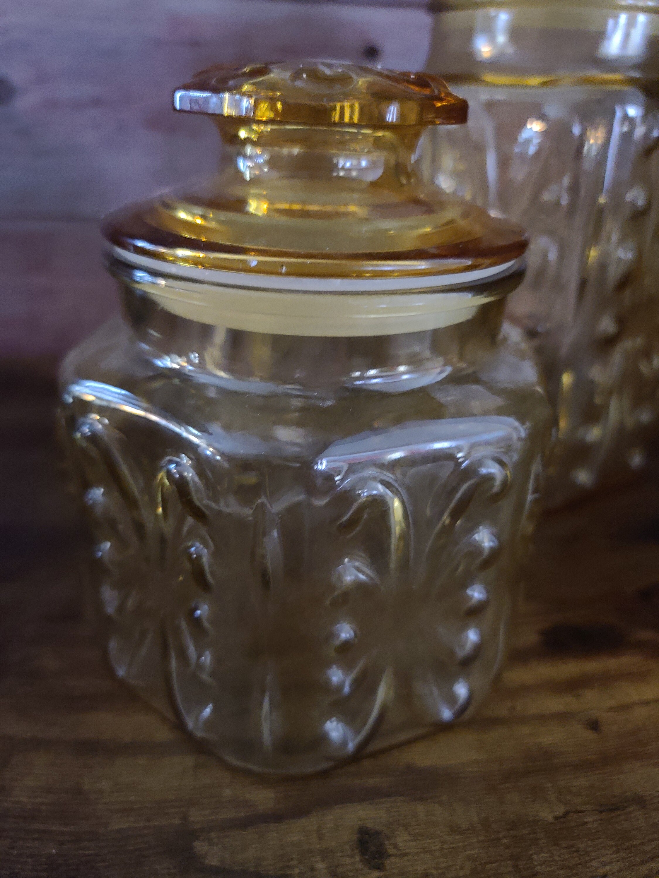VTG Imperial Glass Atterbury Scroll Canisters Gorgeous Yellow Amber vtg-imperial-glass-atterbury-scroll-canisters-gorgeous-yellow-amber
