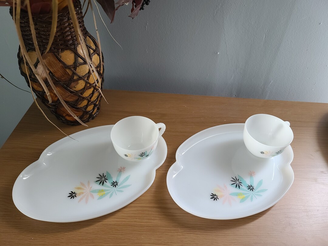Vintage Federal Milk Glass Snack Sets Atomic Flower Etsy