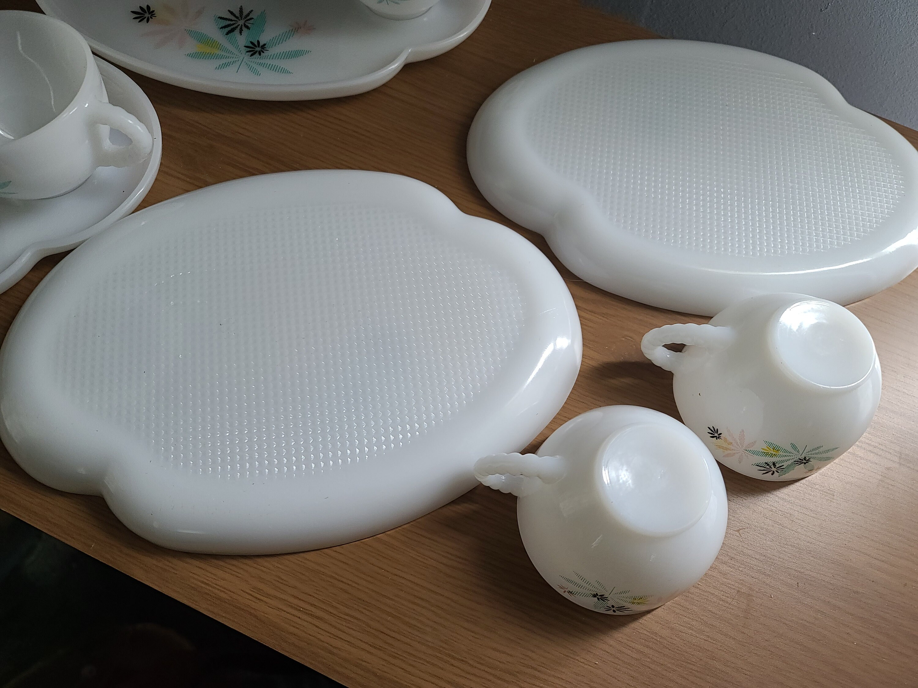 Vintage Federal Milk Glass Snack Sets Atomic Flower Etsy
