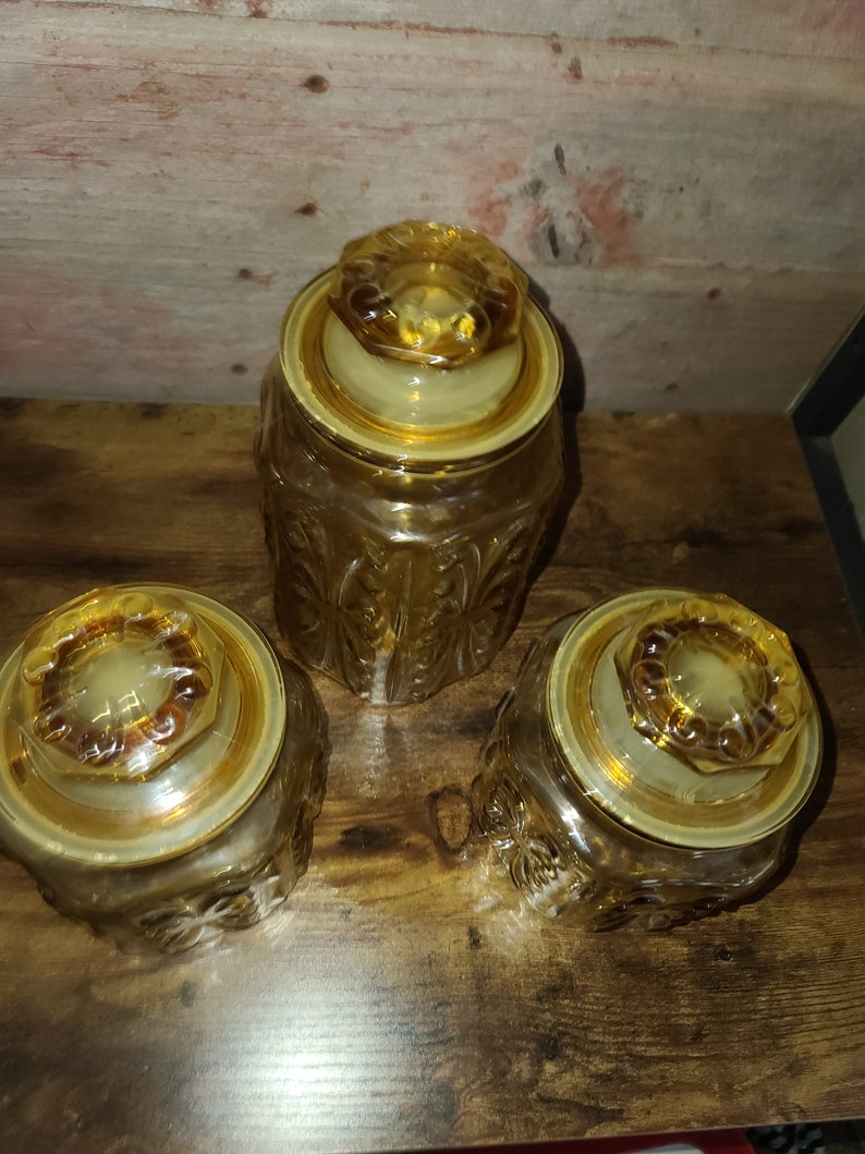 VTG Imperial Glass Atterbury Scroll Canisters Gorgeous Yellow Amber vtg-imperial-glass-atterbury-scroll-canisters-gorgeous-yellow-amber