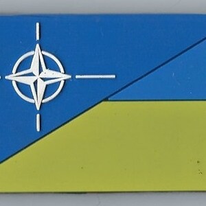 May include: A blue and yellow flag with a white compass star in the upper left corner and the Ukrainian coat of arms in the upper right corner.