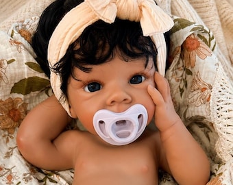 Full Body Silicone Baby Doll, Black Hair, Asleep, Realistic, 18 Inches, floppy, brown skin