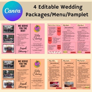 May include: Four pink and white wedding menu templates with the text "Adily Catering" and prices for different packages. The text "We Serve You The Best" is featured on two of the templates.