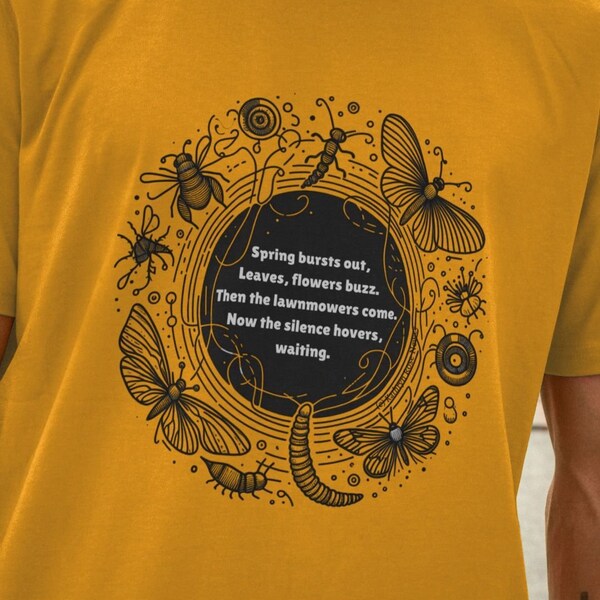 Men's Unisex Certified Organic Cotton T-shirt - Insects Around Poem Art Design - Garden Wildlife, Nature Conservation, Natural Gardens