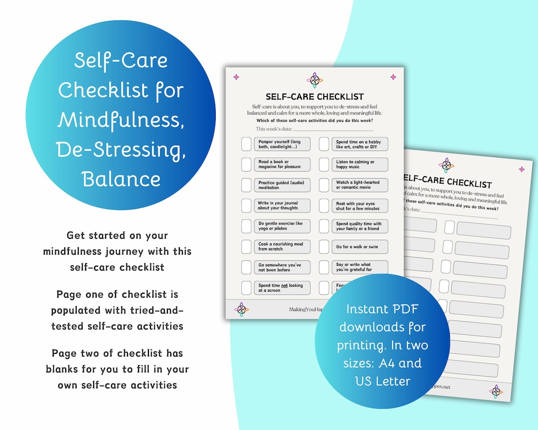 Self-care Checklist Weekly Mindfulness Planner Journal Meditation Calm De-stress Balance Relax ...