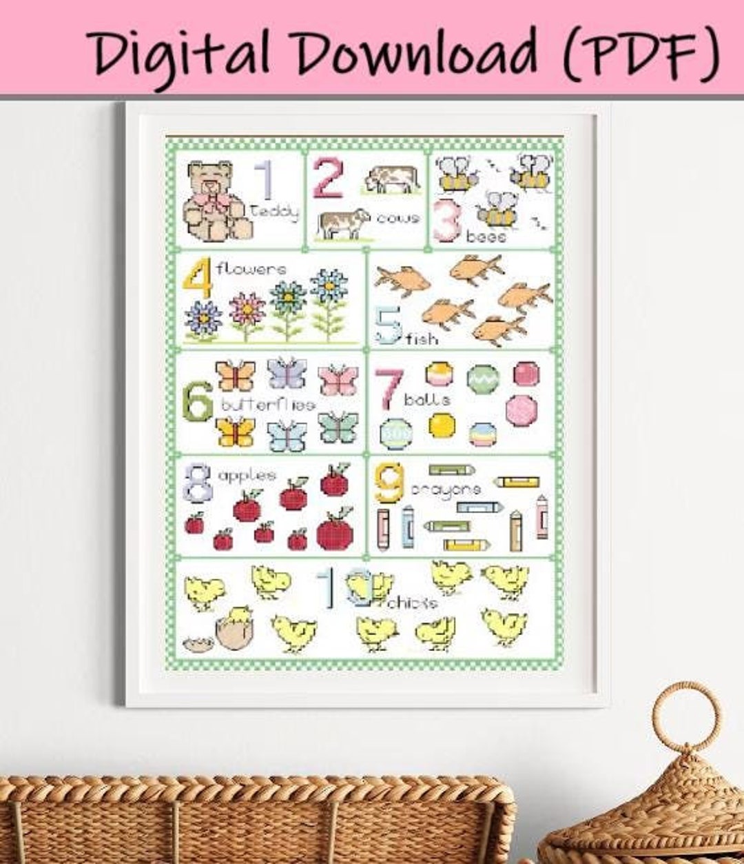 Baby Nursery Counting Numbers Sampler Cross Stitch Pattern - Instant ...