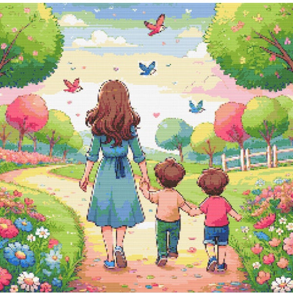 World of Wonder Mother and her Sons Cross Stitch Pattern PDF - Instant Download