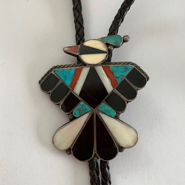 Zuni Thunderbird Bolo Tie with Turquoise, Coral, and Mother-of-Pearl Inlay