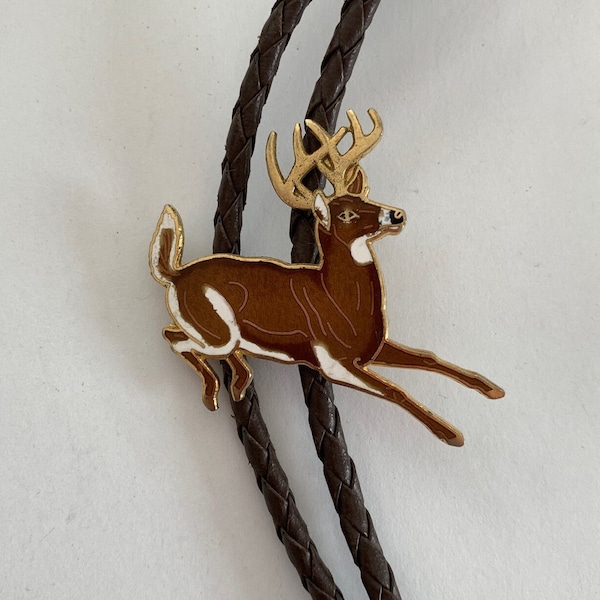 Running Deer Enamel Bolo Tie on Braided Leather Cord