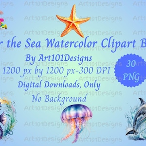 Under the Sea Watercolor Clipart Bundle | 30 Ocean Animals & Coral PNG | Kids Nursery, Sublimation, Stickers, Crafts, 300 DPI Transparent