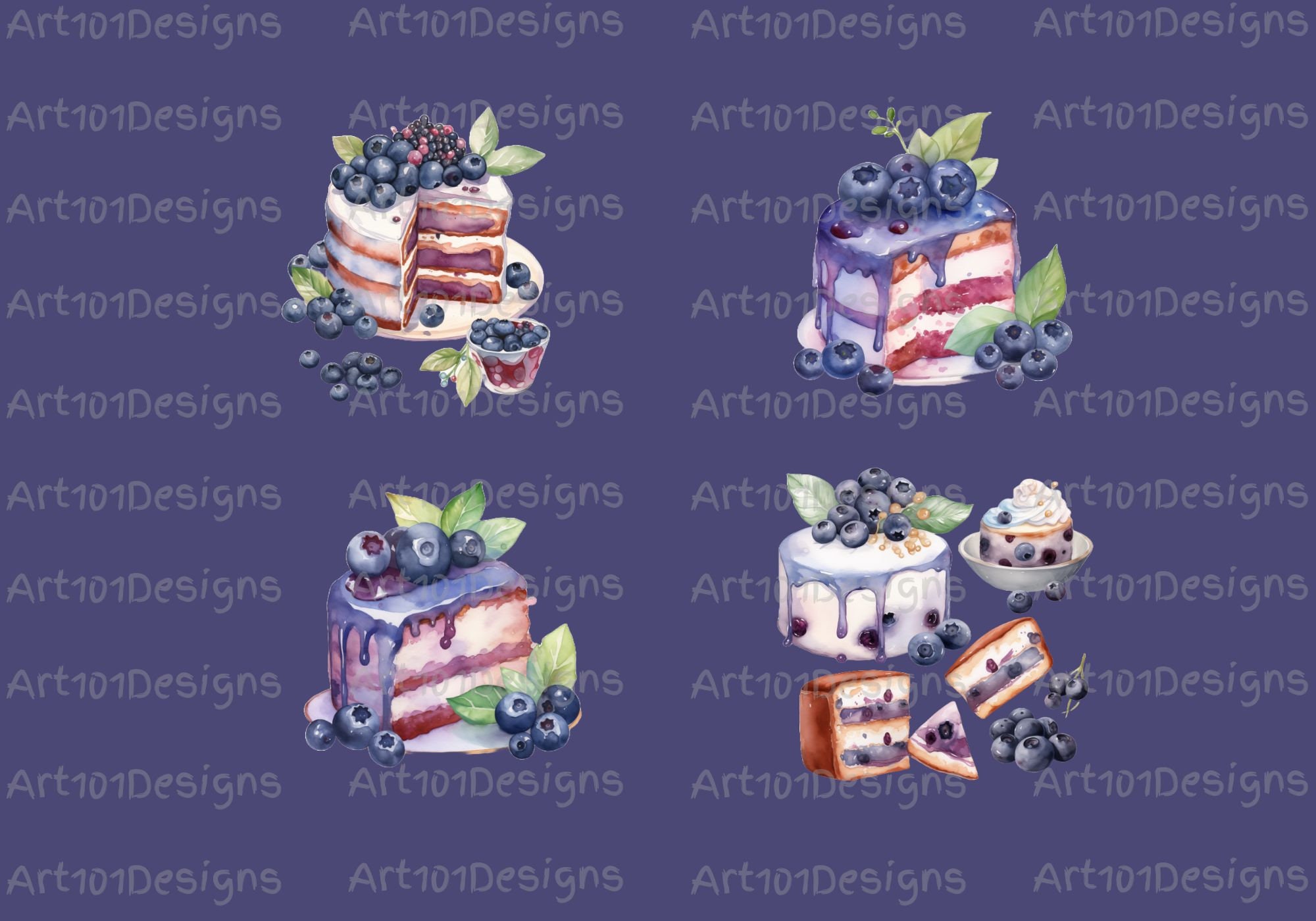 Blueberry Cake Clipart PNG – 16 Watercolor Dessert Files, 300 DPI ...