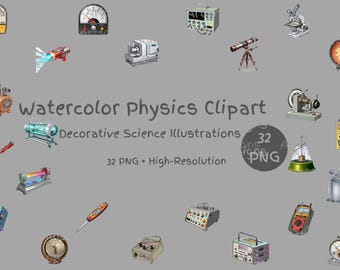 Aquarel natuurkunde clipart PNG – 32 educatieve labapparatuur graphics voor natuurkunde werkbladen, STEM-lessen en klasactiviteiten