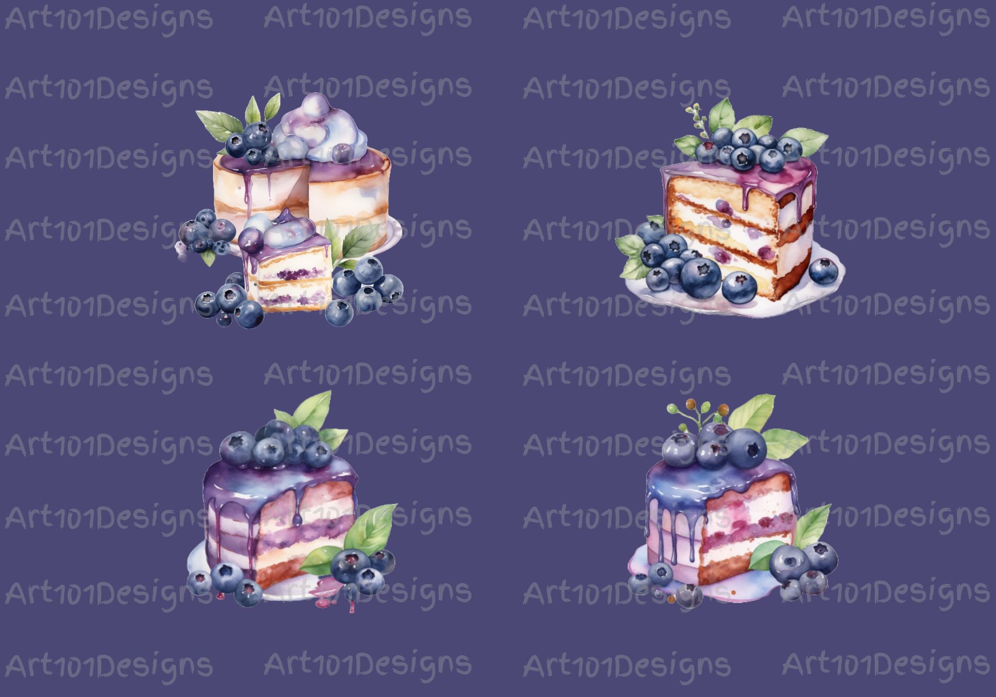 Blueberry Cake Clipart PNG – 16 Watercolor Dessert Files, 300 DPI ...