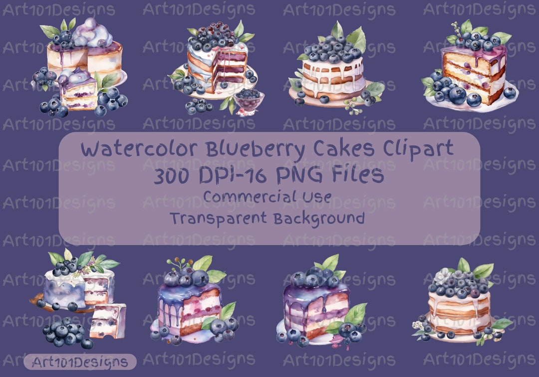 Blueberry Cake Clipart PNG – 16 Watercolor Dessert Files, 300 DPI ...