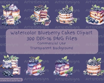 Blueberry Cake Clipart PNG – 16 Watercolor Dessert Files, 300 DPI Transparent for Birthday Party & Bakery Branding