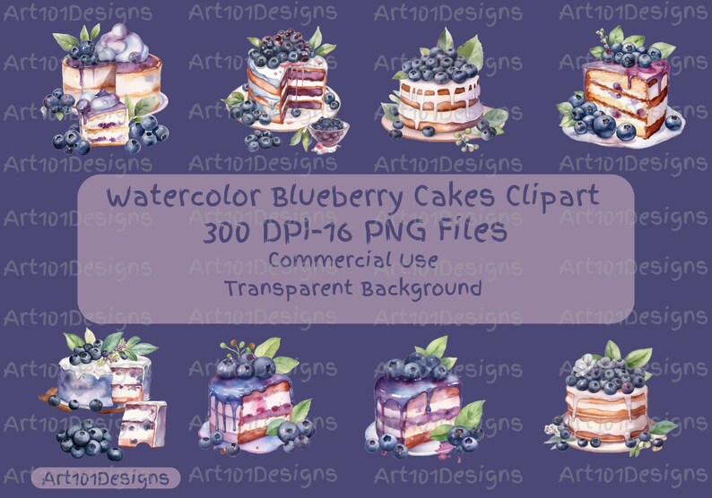 Blueberry Cake Clipart PNG – 16 Watercolor Dessert Files, 300 DPI ...