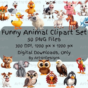 Funny Animal Clipart Set | Cartoon animal PNG | Cute animal clipart bundle | Kids animal clipart set | Animal clipart for children's books |