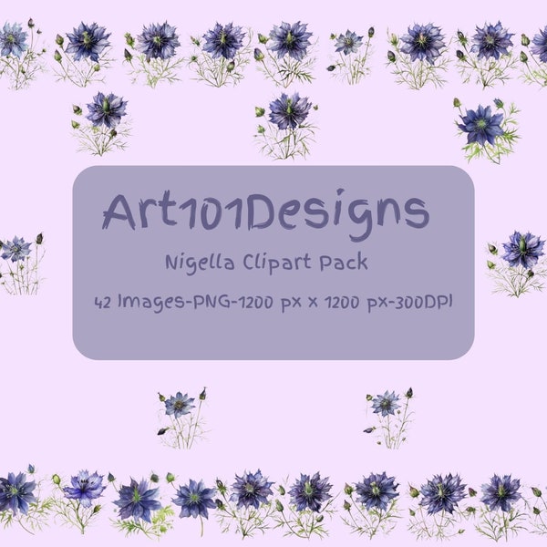 Nigella Clipart Pack - Watercolor Nigella Clipart - Watercolor Spring Flower Clipart - Scrapbook - Wall Decor - 42 Digital Files