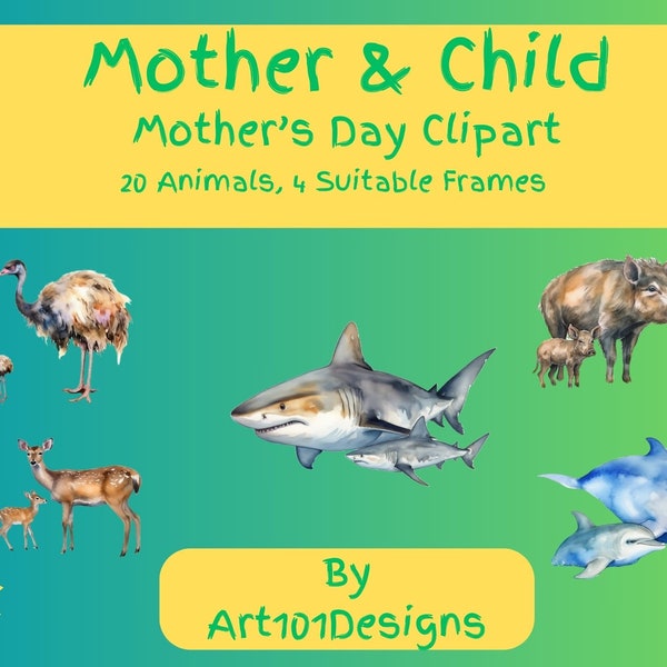 Mother and Child, Mother's Day Clipart, Watercolor Clip Art, 20 High Quality PNGs, Mother's Day, Digital Download, 300 DPI, Animals Clipart