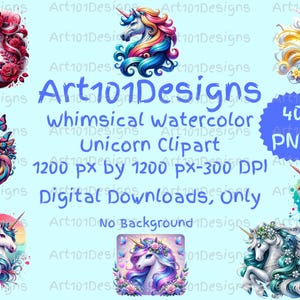 Art101Designs Whimsical Watercolor Unicorn Clipart, Magical Fantasy Unicorns, Pastel Rainbow Digital Art for Invitations & Crafts