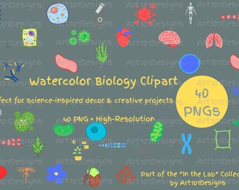 Watercolor Biology Clipart – Decorative Science Wall Art PNG, Modern Biology Illustrations