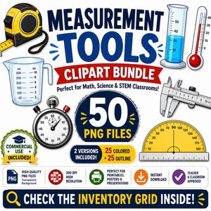 Measurement Tools Clipart PNG - Math & Science Teacher Graphics, STEM Worksheets, Elementary Measurement Unit Bundle, Commercial Use